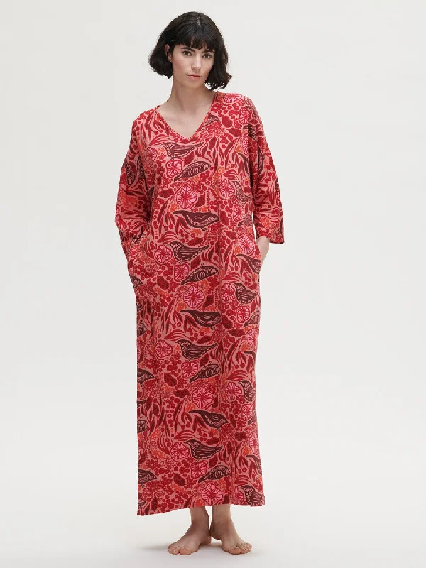 Nanso kaftan lang herfst print met vogels - Tamara 28135 - Rood (6630)